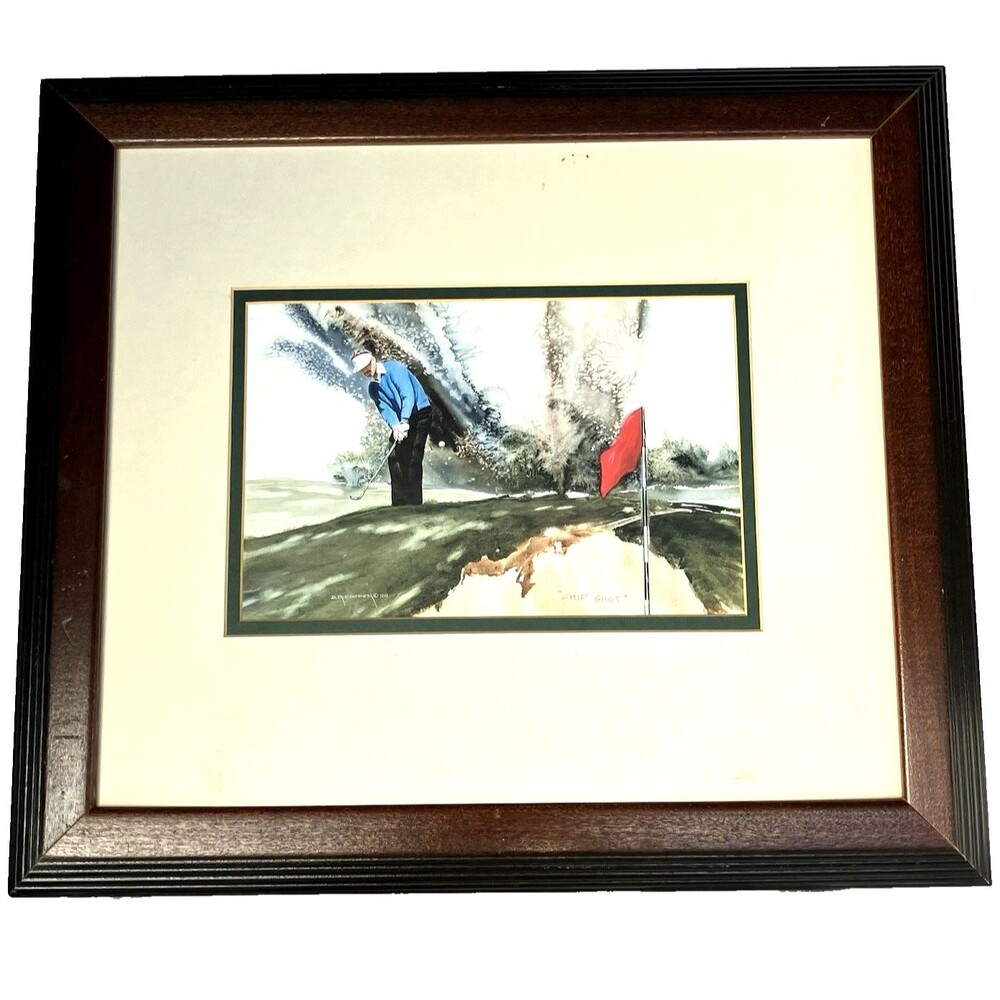 Golf Print Chip Shot DL Cooper Framed Hand Titled Vintage Watercolor 1990 Matted